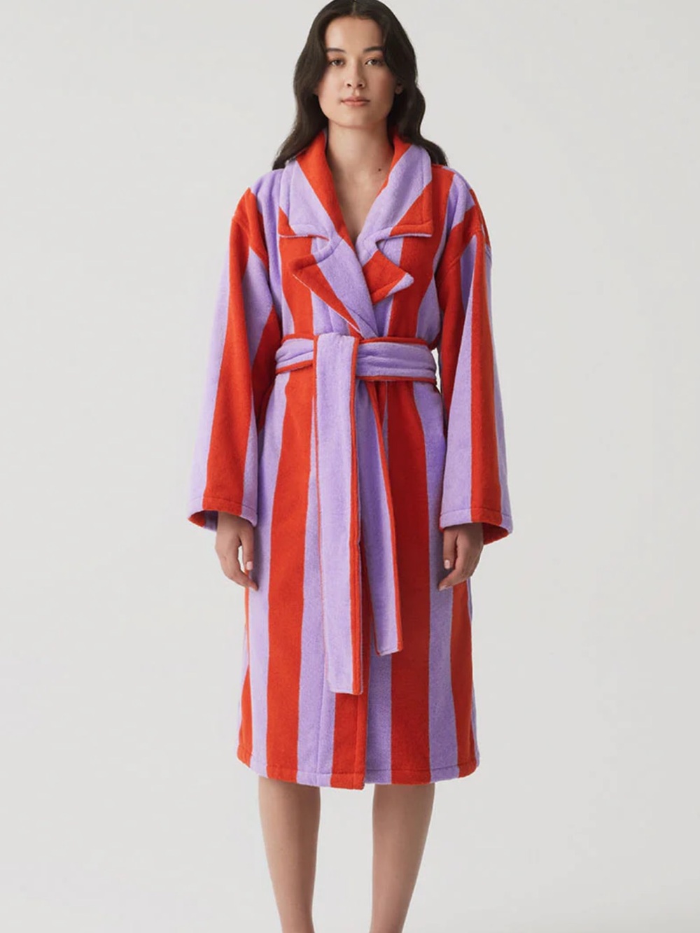 Striped Plush Robe in Red and Lavender - Cozy Wrap Style